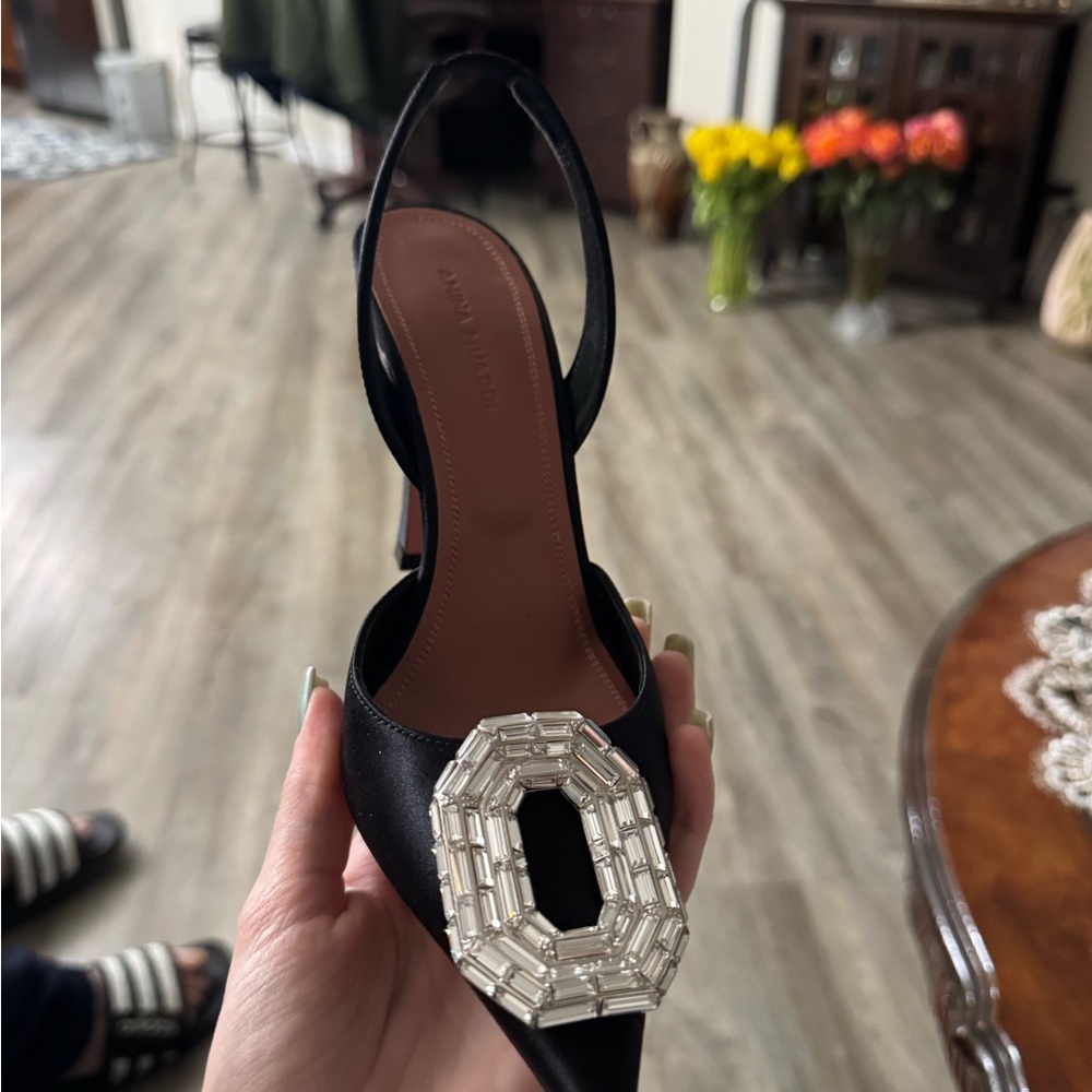 Amina Muaddi Black Heels with Crystal Embellishment